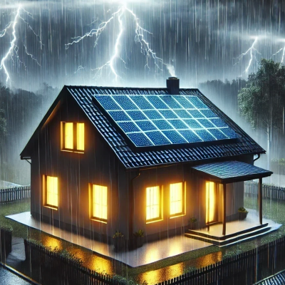House with solar panels in storm