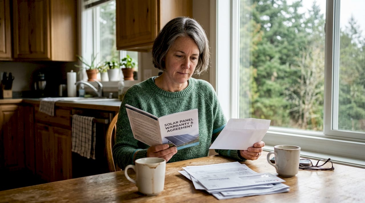 Homeowner reviewing solar panel warranty paperwork