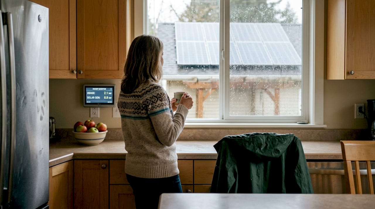 Homeowner looks at solar panels from kitchen