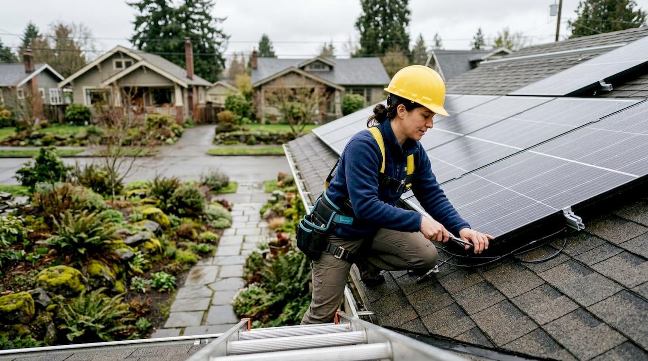 Technician installs solar panel on PNW home roof