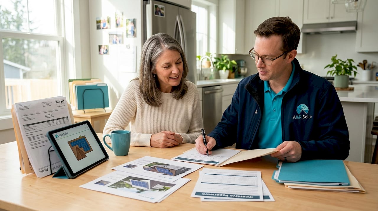 Solar consultant and homeowner reviewing system plans