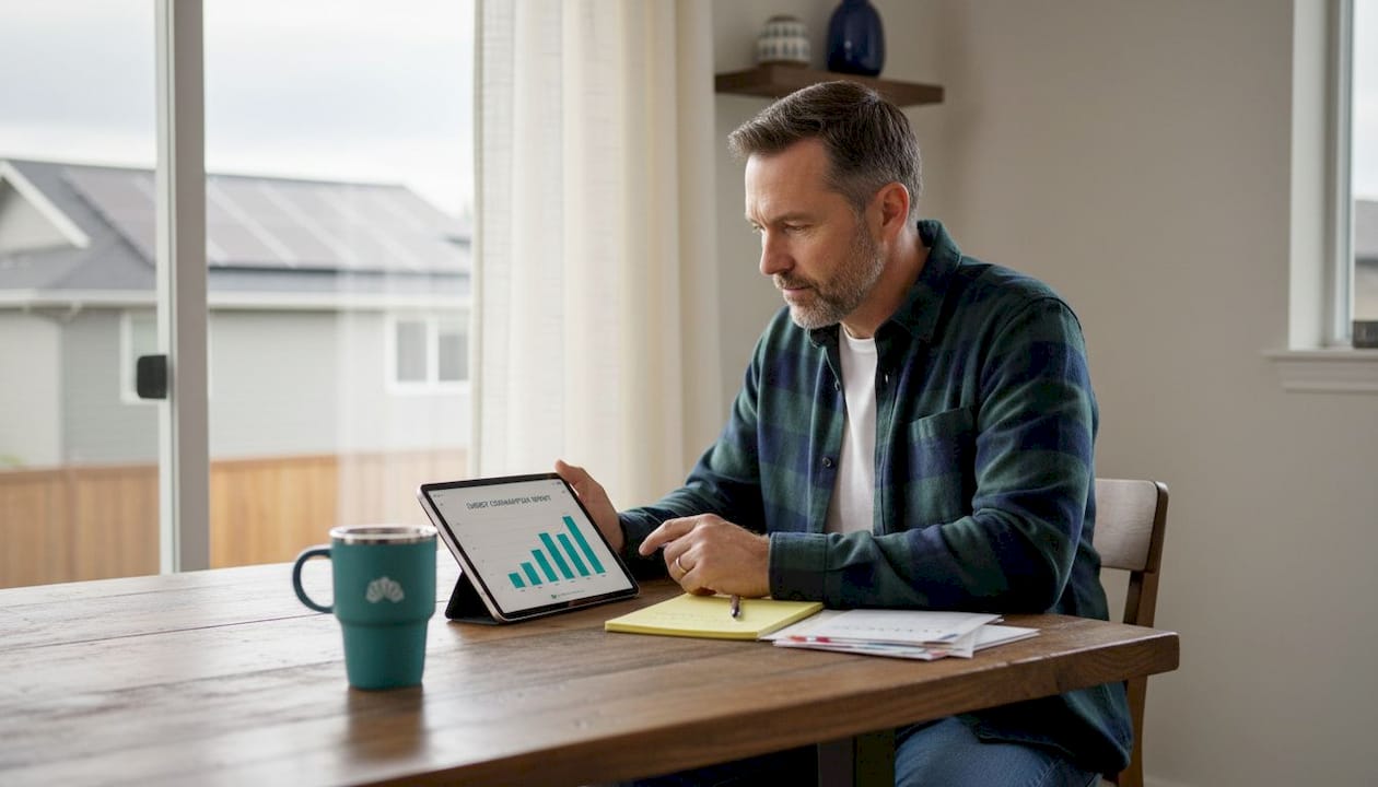 Homeowner at kitchen table checking solar data