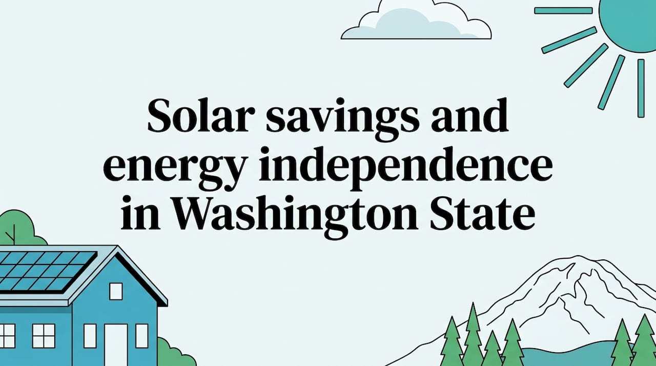 Decorative title card with solar home, sun, Mount Rainier