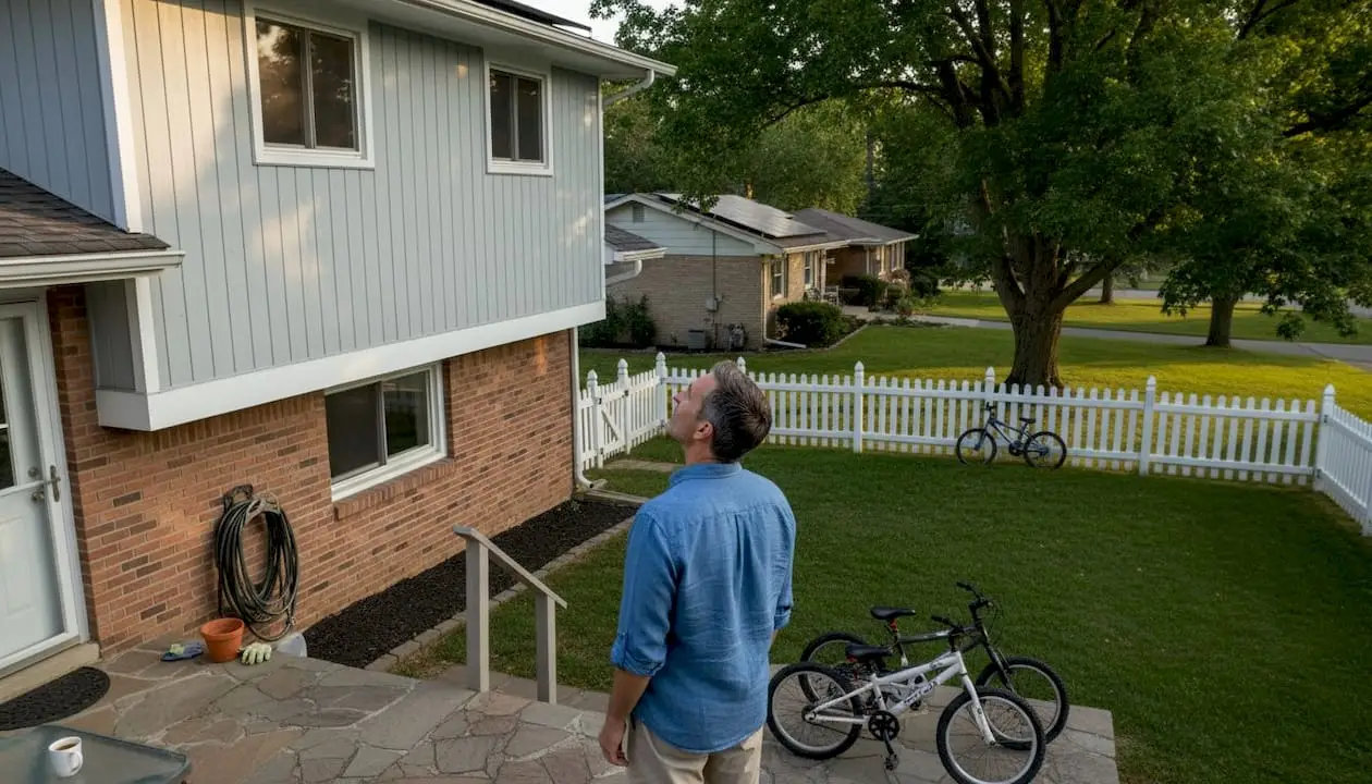 Homeowner admiring new solar panels on roof