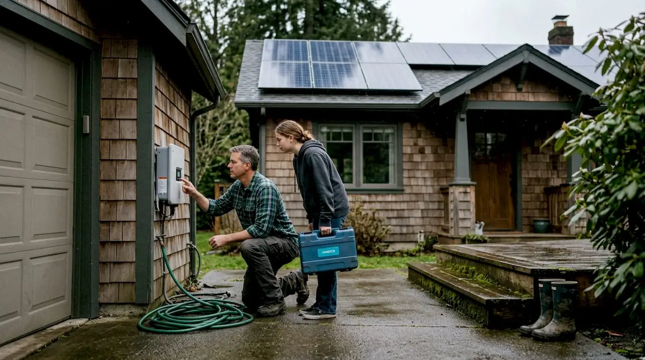 Northwest family checking home solar installation