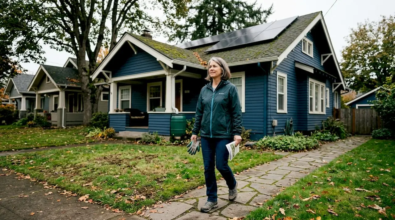 Homeowner with solar panels on mossy roof