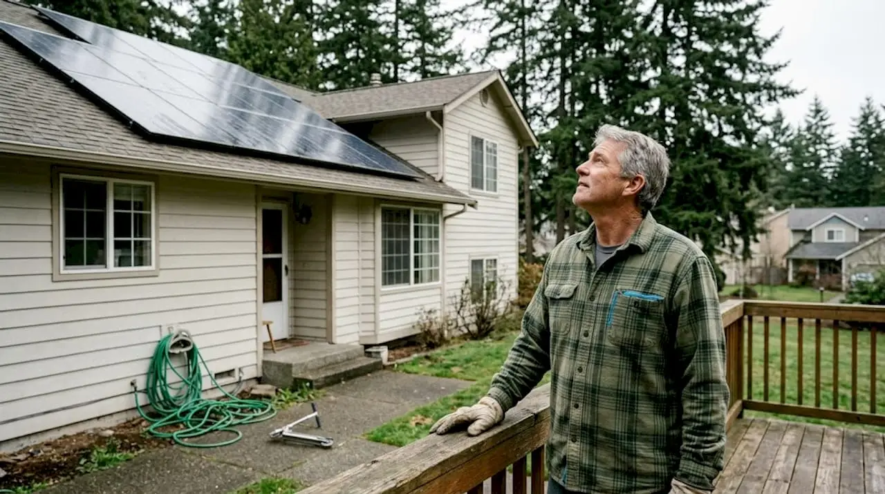 Homeowner observing solar panels on suburban roof