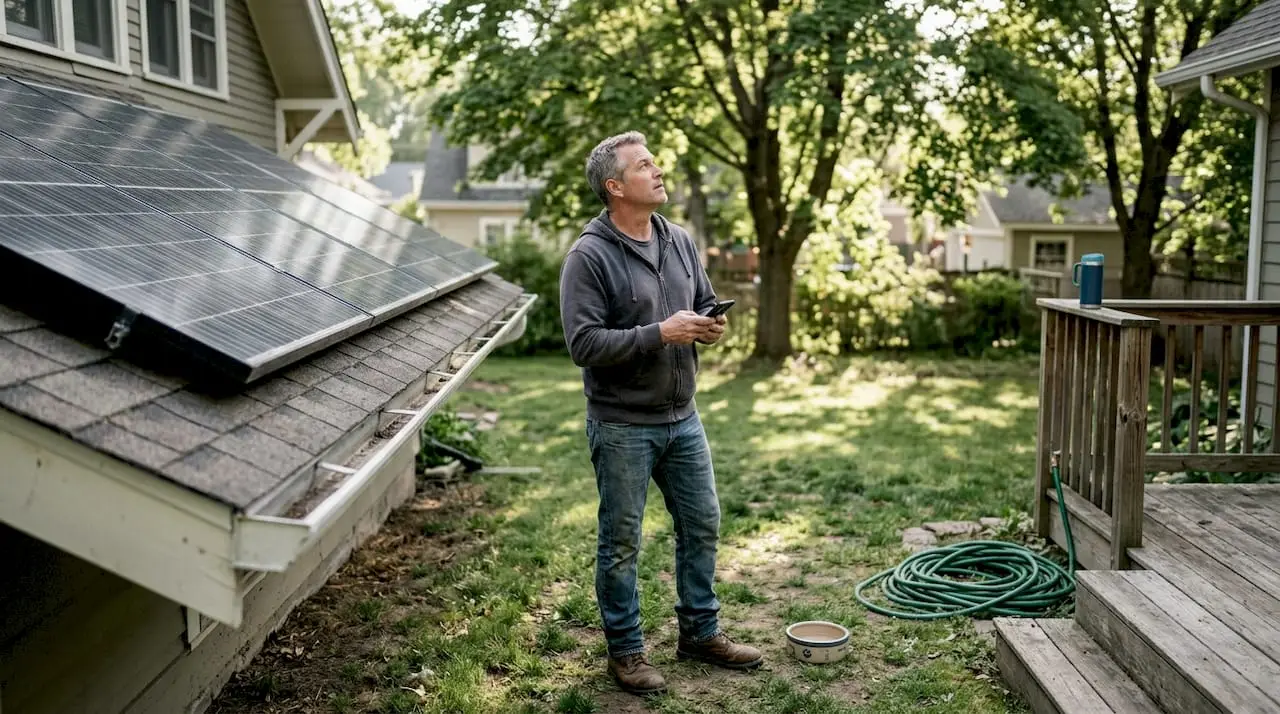 Homeowner observing solar panels from backyard