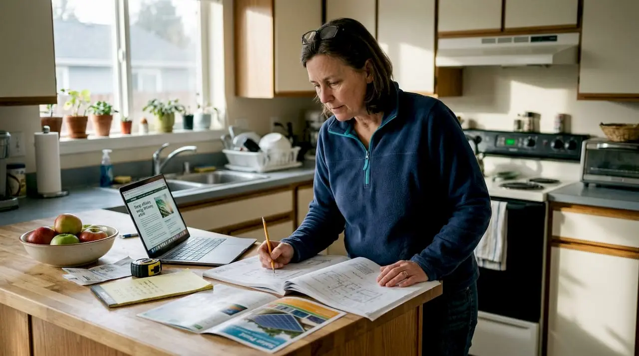 Homeowner planning solar project in kitchen