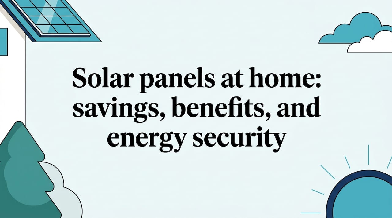 Decorative title card with solar panels house and sun