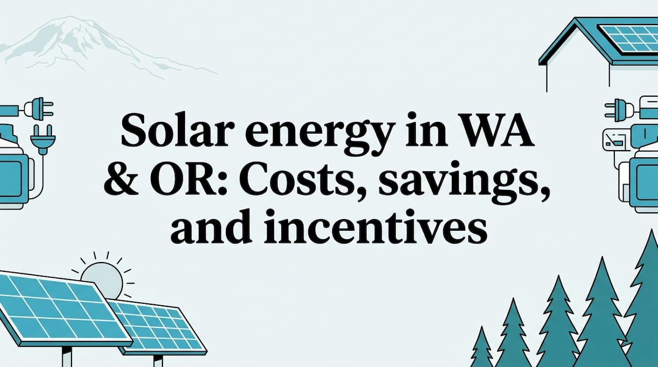 Flat vector title card with solar panels and evergreen trees