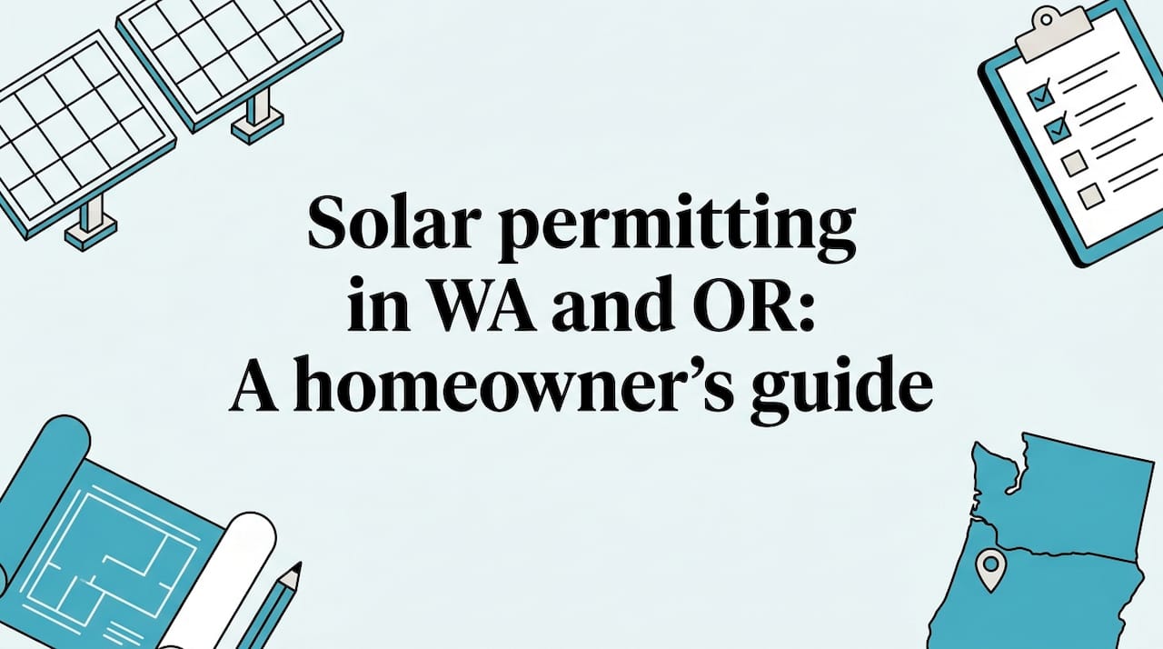 Decorative title card with solar panels, checklist, blueprints, state outlines
