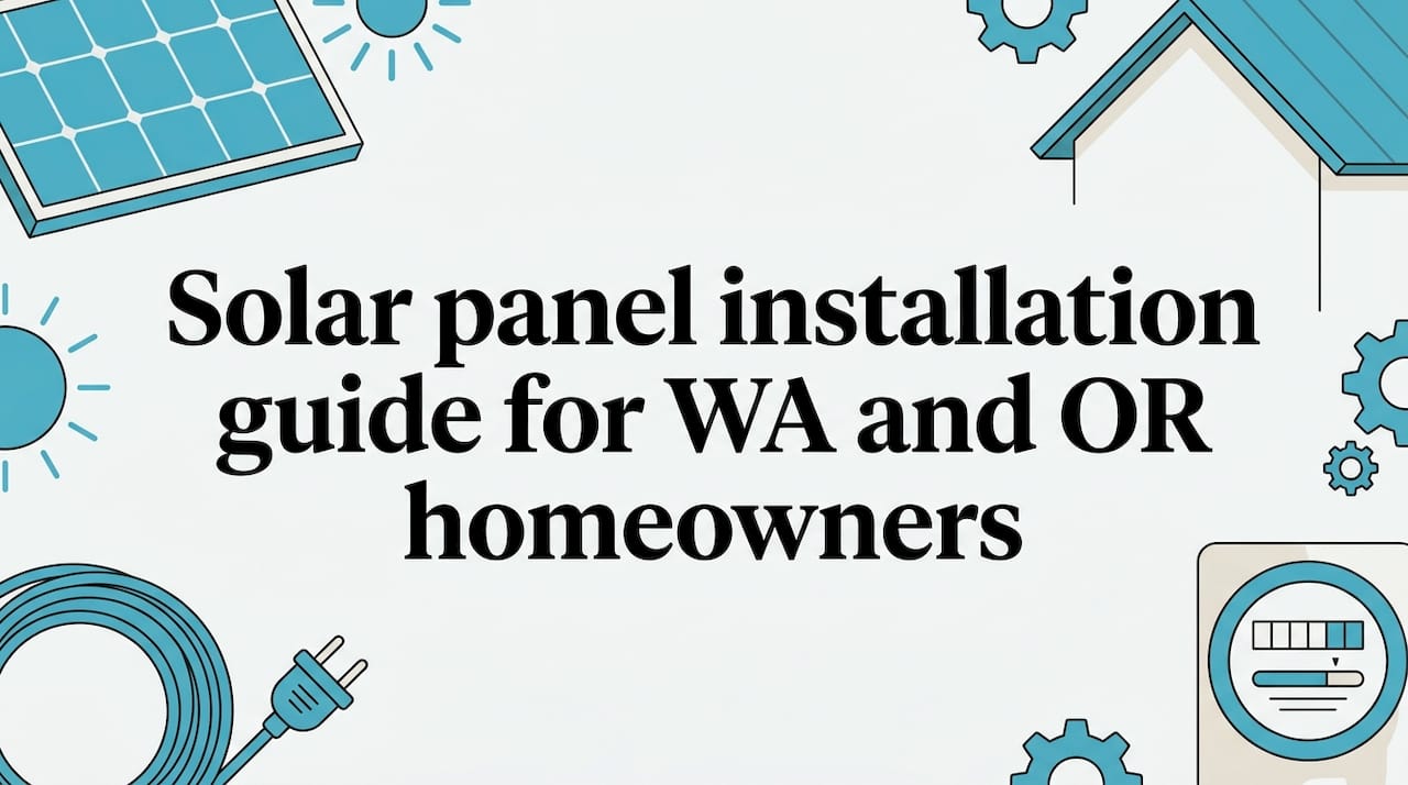 Flat vector title card with solar panels, roof, meter, and cable