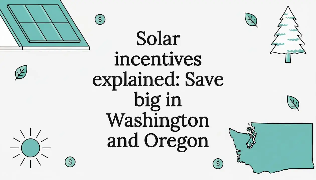 Title card with solar panel, sun, Oregon fir, Washington state icons