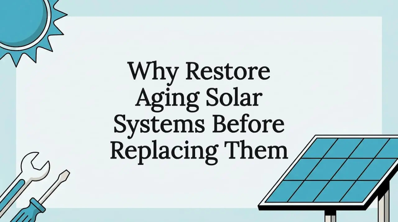 Flat vector title card with solar panels, sun, and tools framing title area